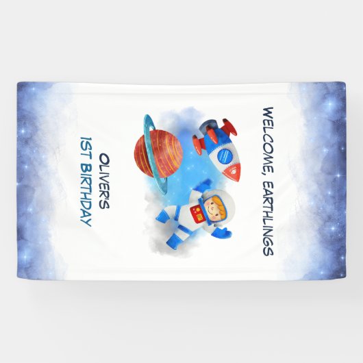 Astronaut Boy eerste verjaardag Spandoek (Horizontaal)