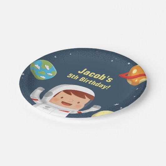 Astronaut Boy Galaxy Space Birthday Party Supply Papieren Bordje (Gekanteld)