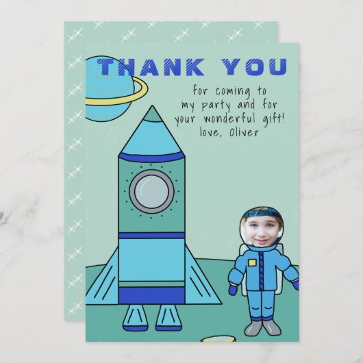 Astronaut Boy Moon Plaats uw gezicht bedankkaart (Voorkant / Achterkant)
