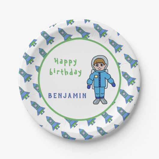 Astronaut Boy Rockets Space Name Birthday Papieren Bordje (Voorkant)