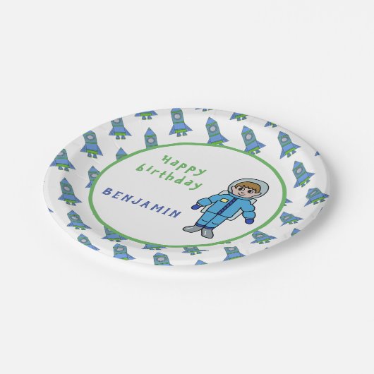 Astronaut Boy Rockets Space Name Birthday Papieren Bordje (Gekanteld)