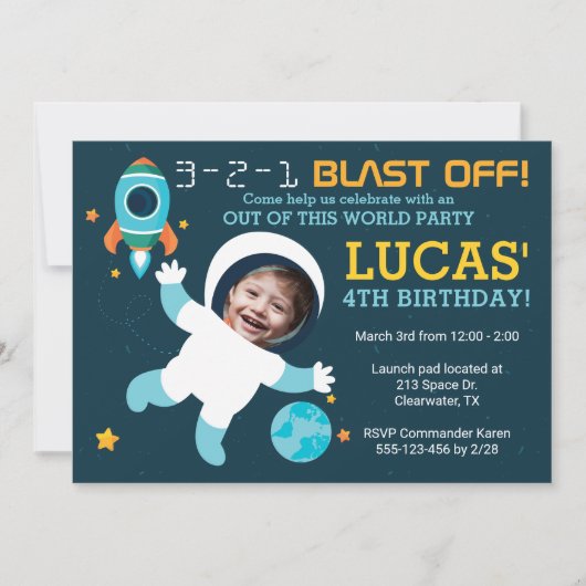 Astronaut Boy Space Birthday Party Invitation Kaart (Voorkant)