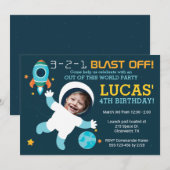 Astronaut Boy Space Birthday Party Invitation Kaart (Voorkant / Achterkant)
