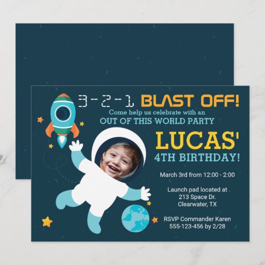 Astronaut Boy Space Birthday Party Invitation Kaart (Voorkant / Achterkant)