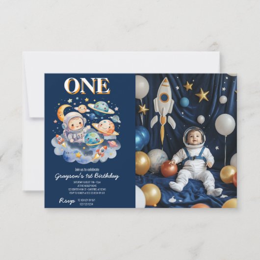 Astronaut Buitenruimte Planeten Jongen 1e Verjaard Kaart (Voorkant)
