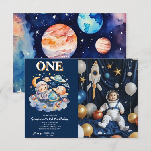 Astronaut Buitenruimte Planeten Jongen 1e Verjaard Kaart (Voorkant / Achterkant)