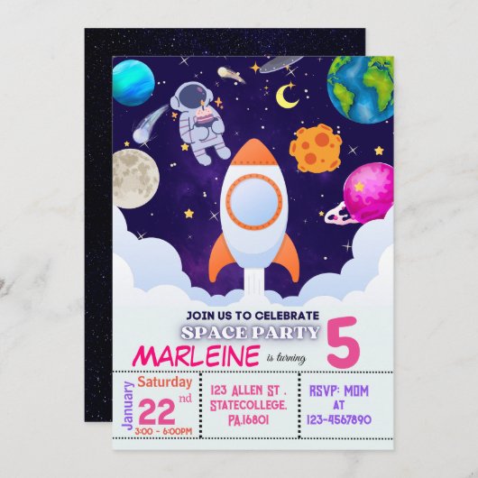 Astronaut, Buitenruimte, Planets Birthday Invitati Bedankkaart (Voorkant / Achterkant)