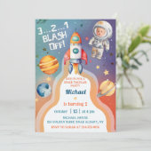 Astronaut Buitenruimte Rocket Shiket Birthday Foto Kaart (Staand voorkant)