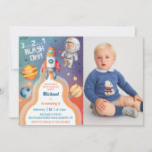 Astronaut Buitenruimte Rocket Shiket Birthday Foto Kaart (Voorkant)