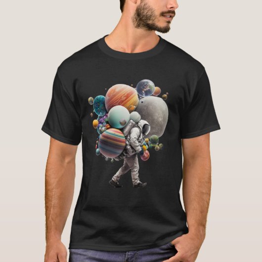 Astronaut carrying Planets and Moons in Space T-shirt (Voorkant)