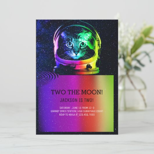 Astronaut Cat Colorful Birthday Uitnodiging (Staand voorkant)