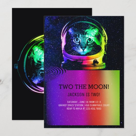 Astronaut Cat Colorful Birthday Uitnodiging (Voorkant / Achterkant)