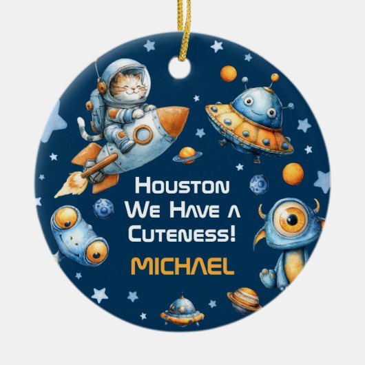 Astronaut Cat Funny Outer Space Baby Name& Photo  Keramisch Ornament (Voorkant)