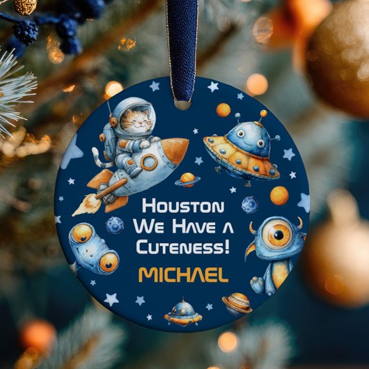 Astronaut Cat Funny Outer Space Baby Name& Photo Keramisch Ornament