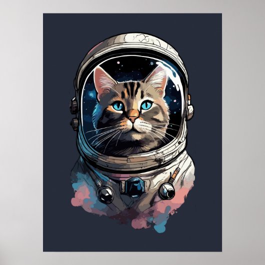 Astronaut Cat in Space Waterverf Kunst Poster (Voorkant)