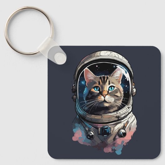 Astronaut Cat in Space Waterverf Kunst Sleutelhanger (Voorkant)