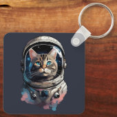 Astronaut Cat in Space Waterverf Kunst Sleutelhanger (Achterkant)