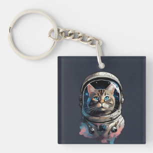 Astronaut Cat in Space Waterverf Kunst Sleutelhanger