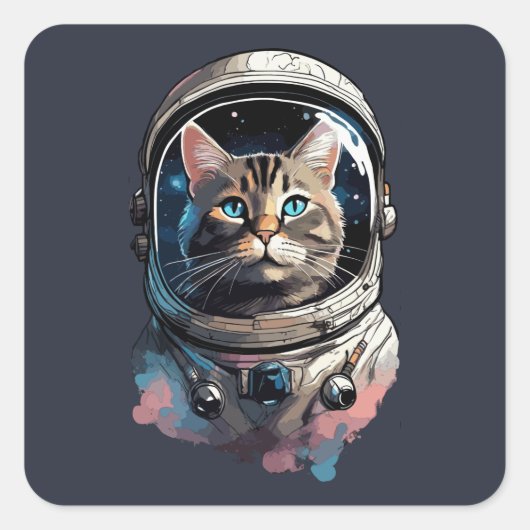 Astronaut Cat in Space Waterverf Kunst Vierkante Sticker (Voorkant)