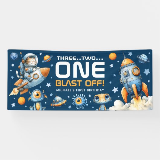 Astronaut Cat Outer Space Blast Off 1st Birthday Spandoek (Horizontaal)