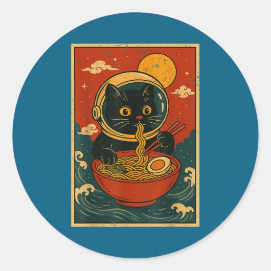 Astronaut Cat Ramen Japanese Graphic Tees Men Wome Ronde Sticker (Voorkant)
