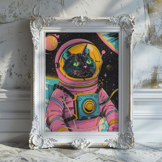 Astronaut Cat Retro Wall Art Print