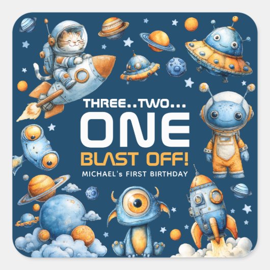Astronaut Cat Space Rocket Blast Off 1st Birthday Vierkante Sticker (Voorkant)