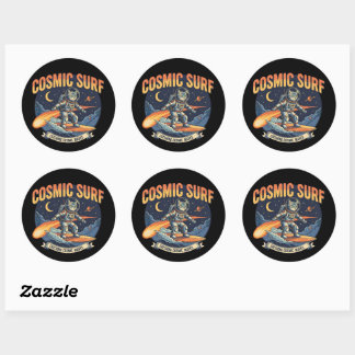 Astronaut Cat Surfing comic waves Ronde Sticker