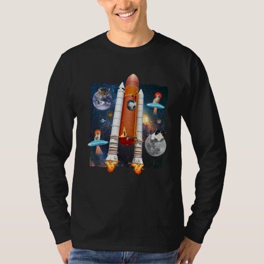 Astronaut Cats In Outer Space Meow Spaceship UFO K T-shirt (Voorkant)