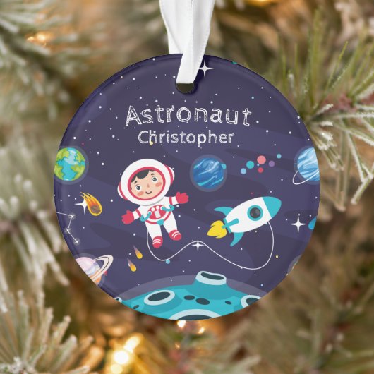 Astronaut child on the moon, monogrammed name ornament (Boom)