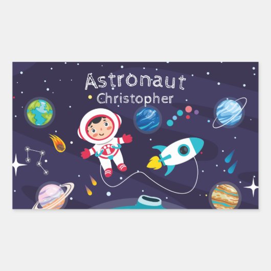 Astronaut child on the moon, monogrammed name rechthoekige sticker (Voorkant)