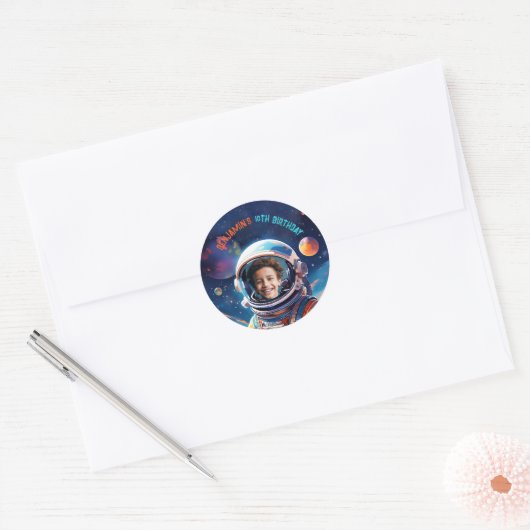 Astronaut Deep Space Sky Planets Photo Birthday Ronde Sticker (Envelop)