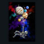 Astronaut die in de ruimte drijft met ballonnen poster<br><div class="desc">Deze digitale ruimtekunst heeft een astronaut die uit ballonnen hangt,  gevormd als alle negen planeten van ons zonnestelsel op een kleurrijke nebula achtergrond met sterren.</div>