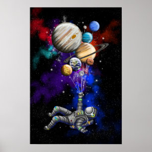 Astronaut die in de ruimte drijft met ballonnen poster