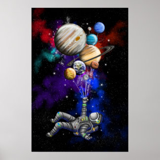 Astronaut die in de ruimte drijft met ballonnen poster