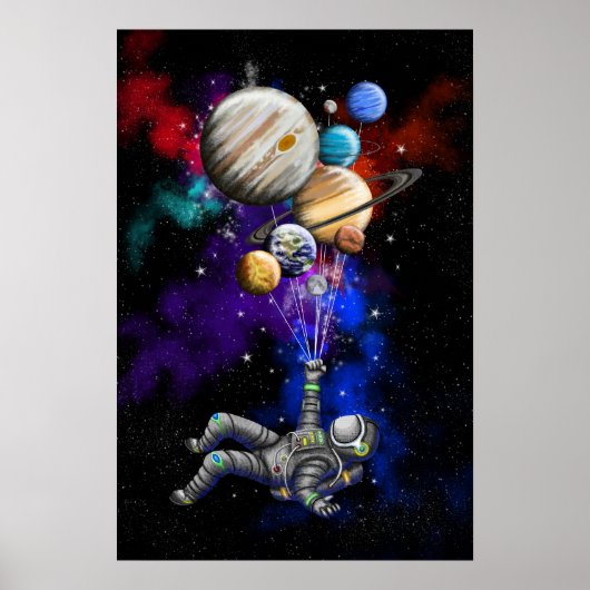 Astronaut die in de ruimte drijft met ballonnen poster (Voorkant)