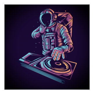 Astronaut DJ Disk Jockey die Muziek afspeelt in de Perfect Poster