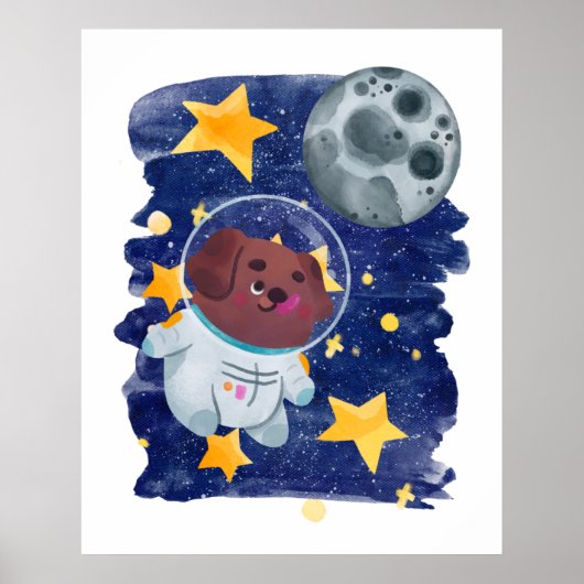 Astronaut Dog Waterverf Space Stars Planet Kinder Poster (Voorkant)