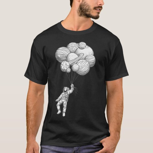Astronaut drijft met planeetballonnen met de hand  t-shirt (Voorkant)