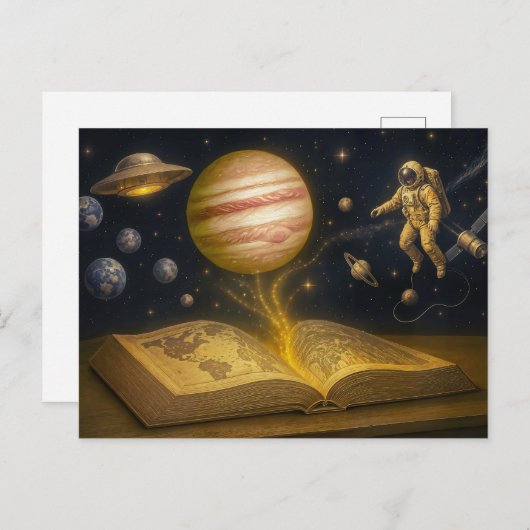 Astronaut drijft uit kosmisch verhaalboek feestdagenkaart (Voorkant / Achterkant)