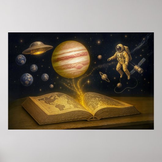 Astronaut drijft uit kosmisch verhaalboek poster (Voorkant)