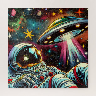 Astronaut Drijvend in de ruimte met een UFO Ai Art Legpuzzel