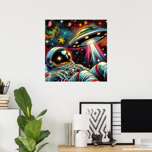 Astronaut Drijvend in de ruimte met een UFO Ai Art Poster (Thuiskantoor)