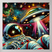 Astronaut Drijvend in de ruimte met een UFO Ai Art Poster (Voorkant)