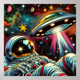 Astronaut Drijvend in de ruimte met een UFO Ai Art Poster