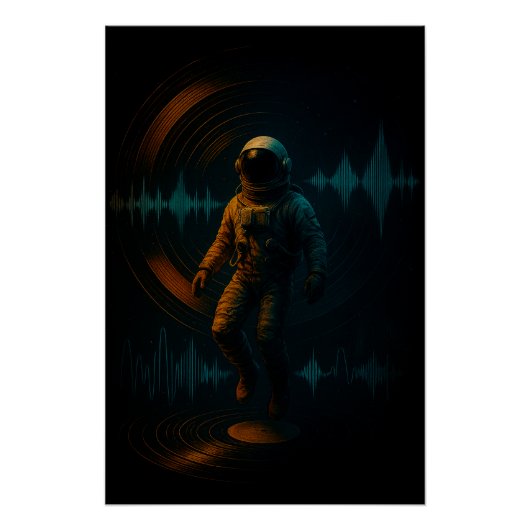 Astronaut drijvend in Glitchwave Sound Art Perfect Poster (Voorkant)