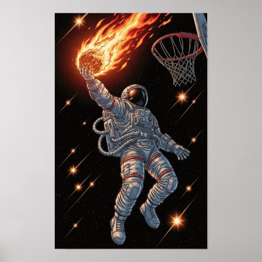 Astronaut Dunking Fiery Basketball Dynamic Space Poster (Voorkant)
