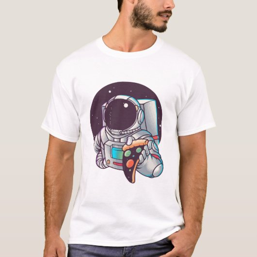 Astronaut Eating Pizza Planeten T-shirt (Voorkant)