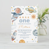 Astronaut eerste reis rond de zon 1e verjaardag kaart (Staand voorkant)