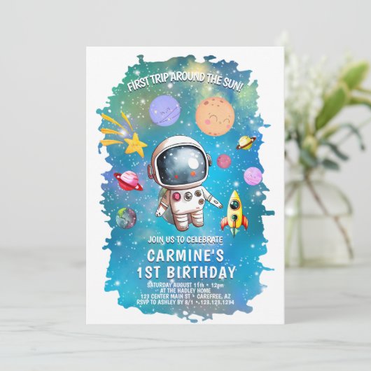 Astronaut eerste reis rond zon 1e verjaardag kaart (Staand voorkant)